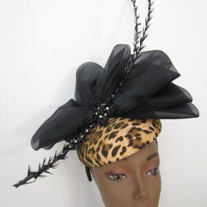 Diva Twisted Feather Leopard Headband Hat Fascinator Percher Black